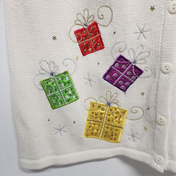 Vintage Kim Rogers Christmas Sweater Vest Size L Ivory Snowflake Gifts Sequin - Picture 9 of 12